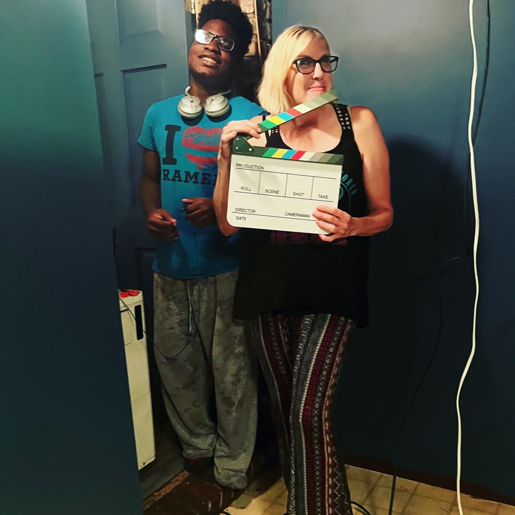 Mother and son on a movie set.